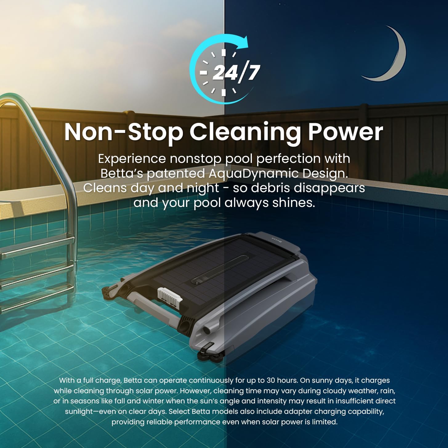 Betta SE Plus delivers non-stop 24/7 cleaning power, day and night, with up to 30 hours of runtime