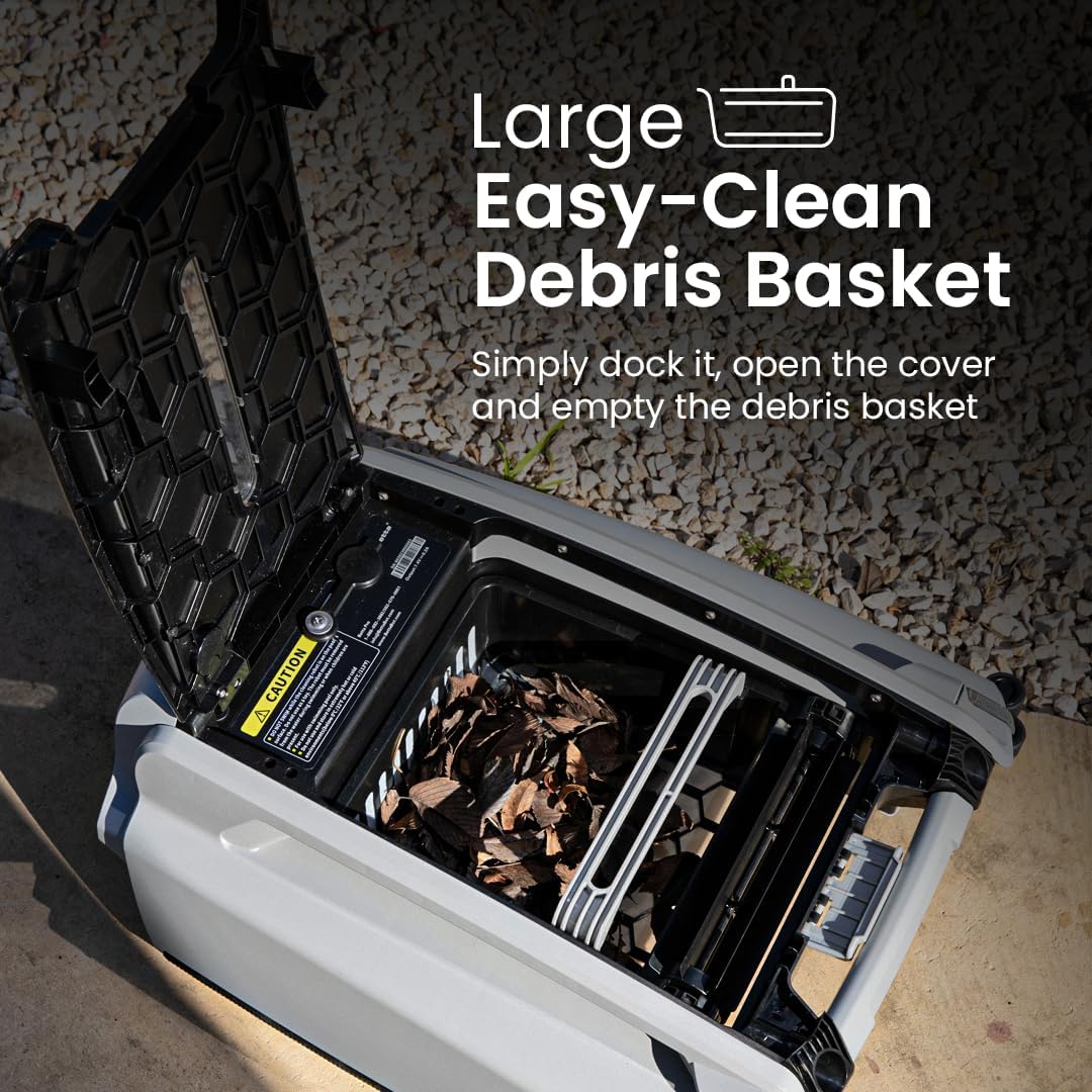 Large easy-clean debris basket simply docks, opens, and empties